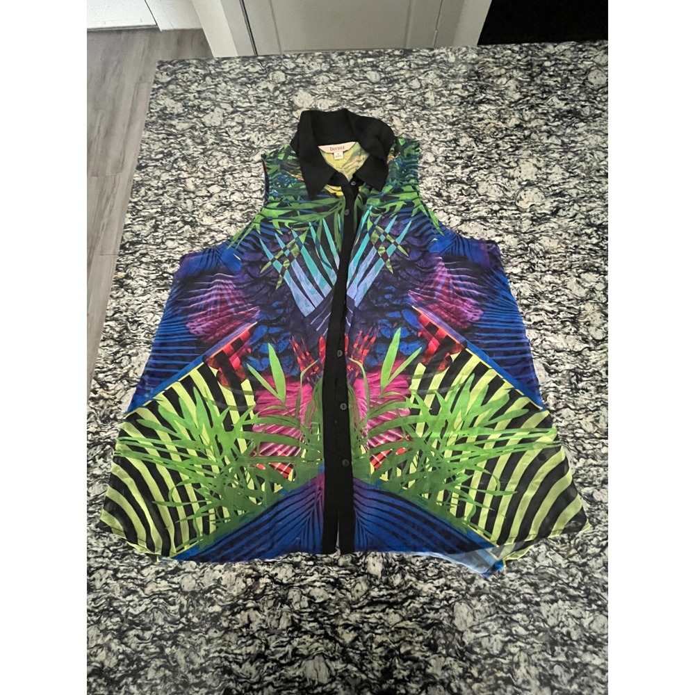 Decree Tank Top Womens XL Multicolor Sheer Palm Tree Golf Tennis Button Front